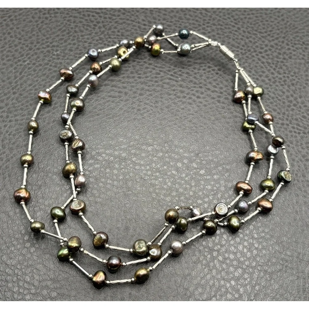 Iridescent Multi-Strand Pearl Bead Necklace 7mm Freshwater Silver Tone 17